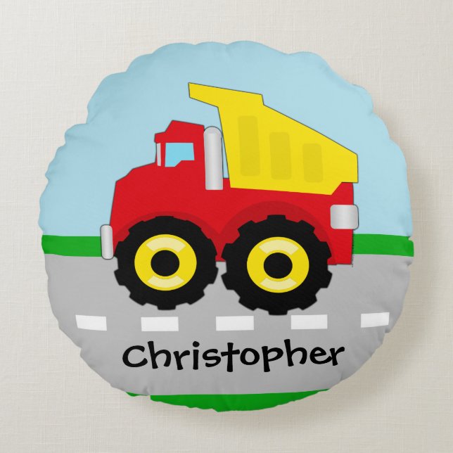 Kids Boys Construction Dumptruck Round Pillow (Front)