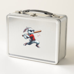 Kids Boys Happy Easter Bunny Playing Baseball East Metal Lunch Box