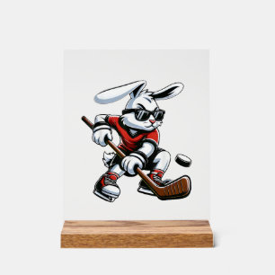 Kids Boys Happy Easter Bunny Playing Hockey Easter Acrylic Sign