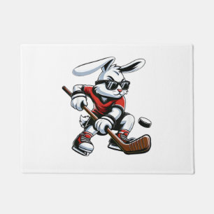 Kids Boys Happy Easter Bunny Playing Hockey Easter Doormat