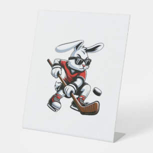 Kids Boys Happy Easter Bunny Playing Hockey Easter Pedestal Sign