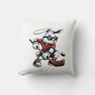 Kids Boys Happy Easter Bunny Playing Hockey Easter Throw Pillow