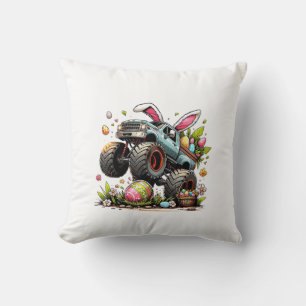 Kids Boys Happy Easter Day Bunny Monster Truck Egg Throw Pillow
