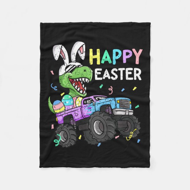 Kids Boys Happy Easter T-rex Bunny Monster Truck R Fleece Blanket (Front)
