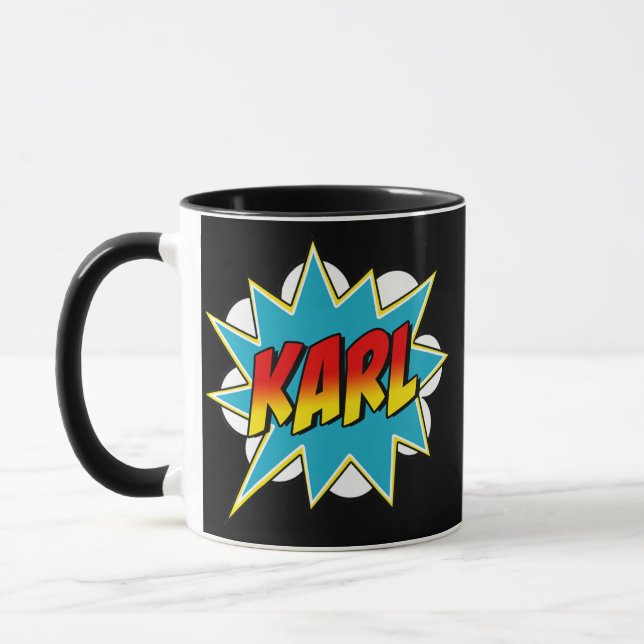 Kids Boys Karl Name Comic Book Superhero  Mug (Left)