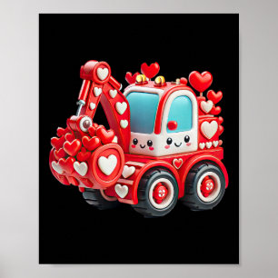 Kids Boys Kawaii Valentine Red Construction Truck  Poster