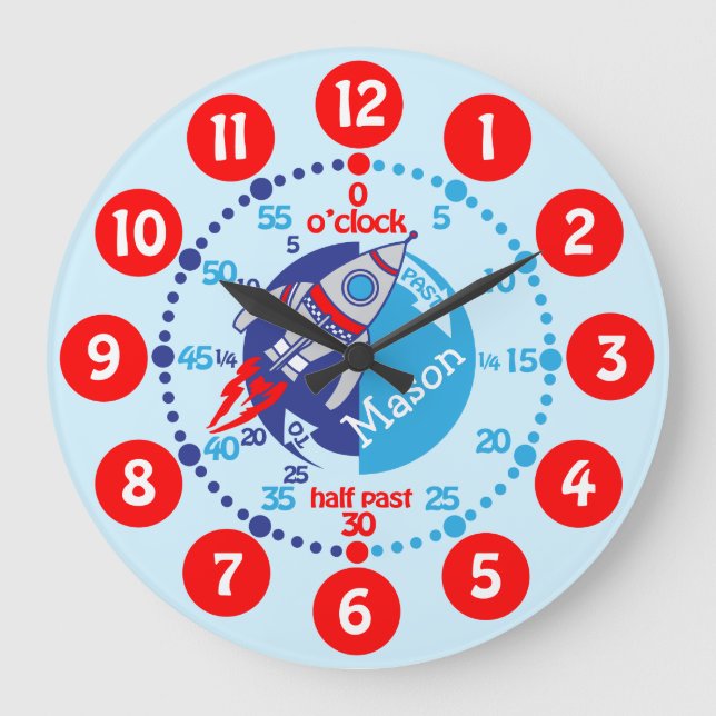 Kids boys learn to tell time blue red space clock (Front)