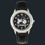 Kids boys name grey black tractor wrist watch<br><div class="desc">Graphic art kids watch featuring a graphic white tractor on a black background with white clock numbers. Customize with your name currently reads Alexander.</div>