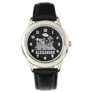 Kids boys name grey black train wrist watch