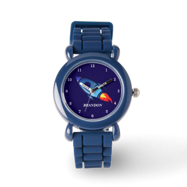 Kids Boys Rocket Space Blue Astronaut Name Watch (Front)