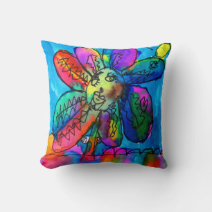 Kids bright flower ink art blue and pink throw pillow