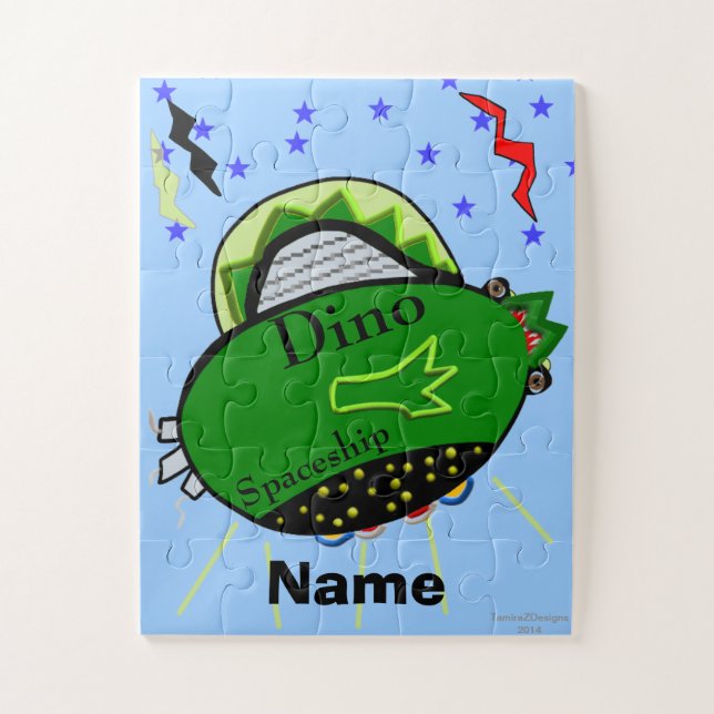 Kids Brown-Eyed Green Dinosaur Galaxy Spaceship Jigsaw Puzzle (Vertical)