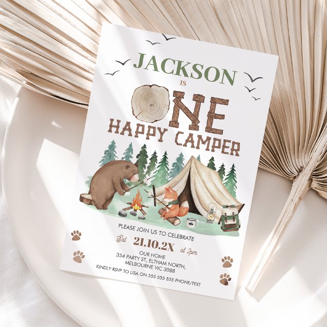 Kids Brown Green One Happy Camper 1st Birthday Invitation (One Happy Camper 1st Birthday Invitation Template Editable Bear Tent Camp Fire, Camping Themed)