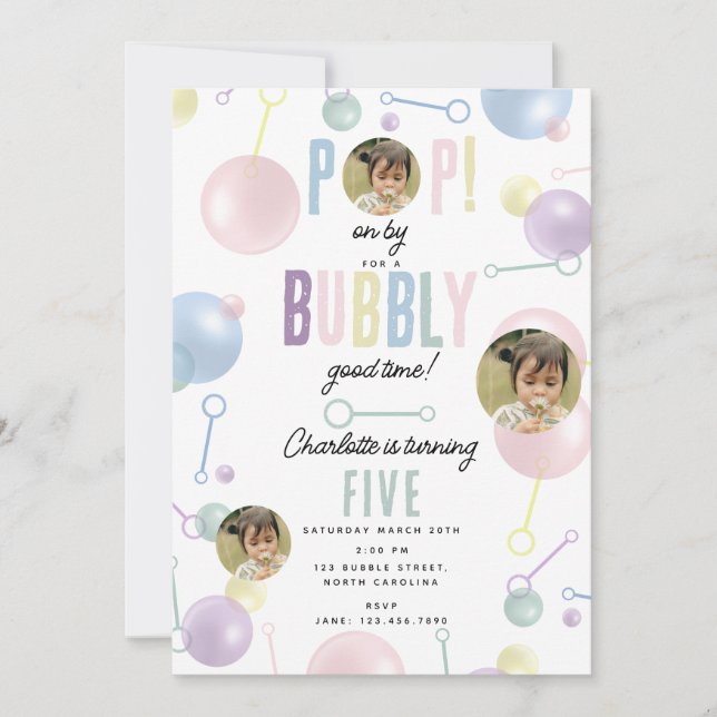 Kids Bubble Party POP on By Birthday Custom Photo Invitation (Front)