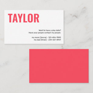 Kids Calling Card Play Date Playdates Girl or Boy