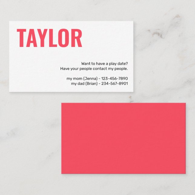 Kids Calling Card Play Date Playdates Girl or Boy (Front/Back)