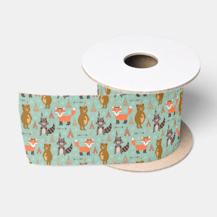 Kids Camping Outside Raccoon Fox Brown Bear Satin Ribbon