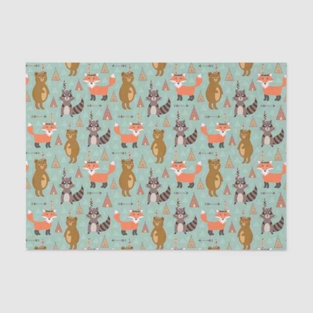 Kids Camping Outside Raccoon Fox Brown Bear  Tissue Paper (Front)