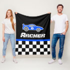 Kids car blue chequered flag name blanket