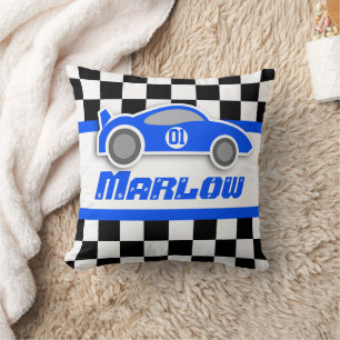 Kids car blue chequered flag name pillow