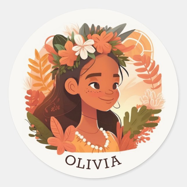 Kids cartoon hawaiian girl. Floral tropical lei Classic Round Sticker (Front)