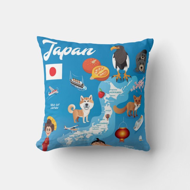 Kids Cartoon Map of Japan Throw Pillow (Front)