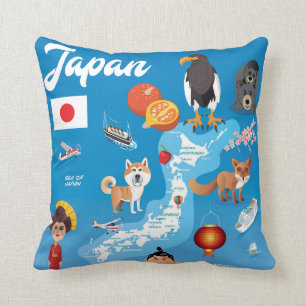 Kids Cartoon Map of Japan Throw Pillow