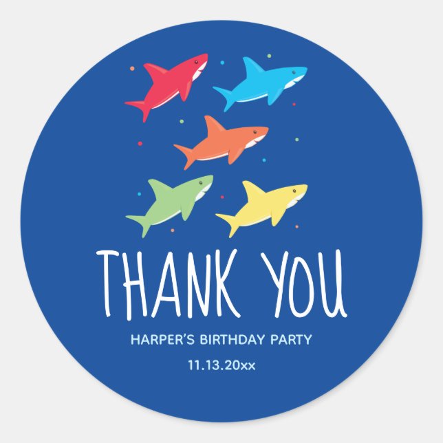 Kids Cartoon Shark Birthday Party Thank You  Classic Round Sticker (Front)