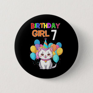Kids Cat Birthday 7 Birthday Party Girls 7th Birth 2 Inch Round Button