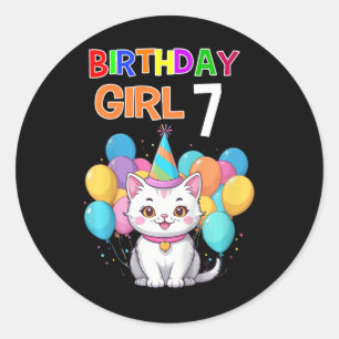 Kids Cat Birthday 7 Birthday Party Girls 7th Birth Classic Round Sticker