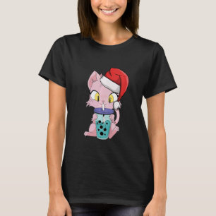 Kids Cat Drinking Boba Christmas Pajama Santa Hat T-Shirt