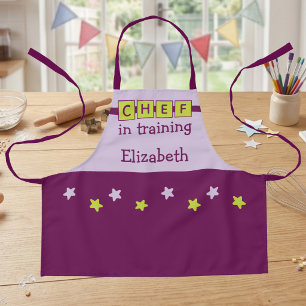 Kid's Chef name stars purple green Apron