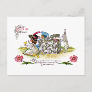 Kids, Chicks and Curious Rabbit Vintage Easter Holiday Postcard