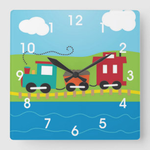 Kids Choo Choo Train Caboose Square Wall Clock