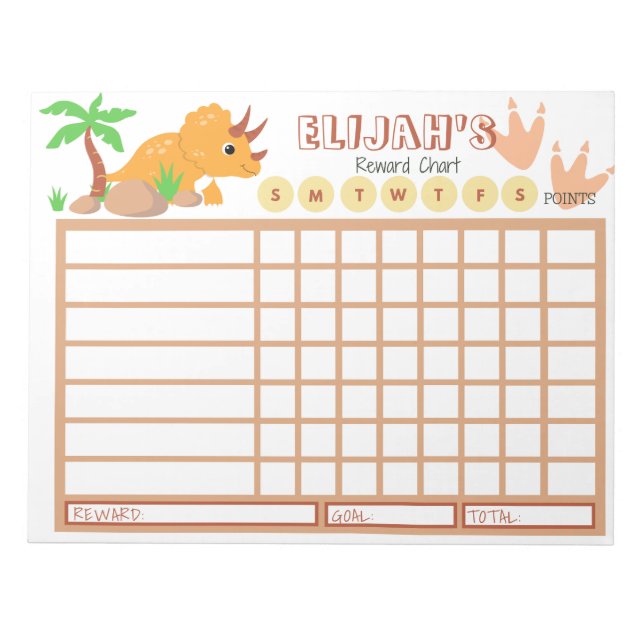 Kids Chore Chart, Personalized Dinosaur Chart Notepad (Front)