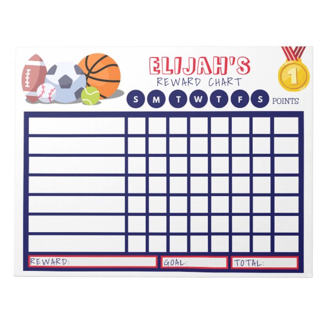 Kids Chore Chart, Personalized Sports Chart Notepad (Front)