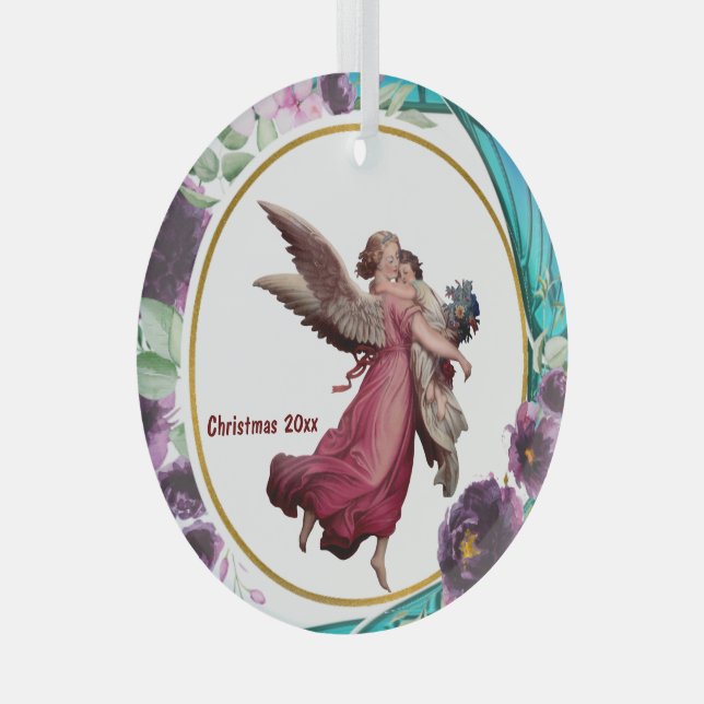 Kids Christmas Angel Purple Stained Glass Wreath Glass Ornament (Front Right)