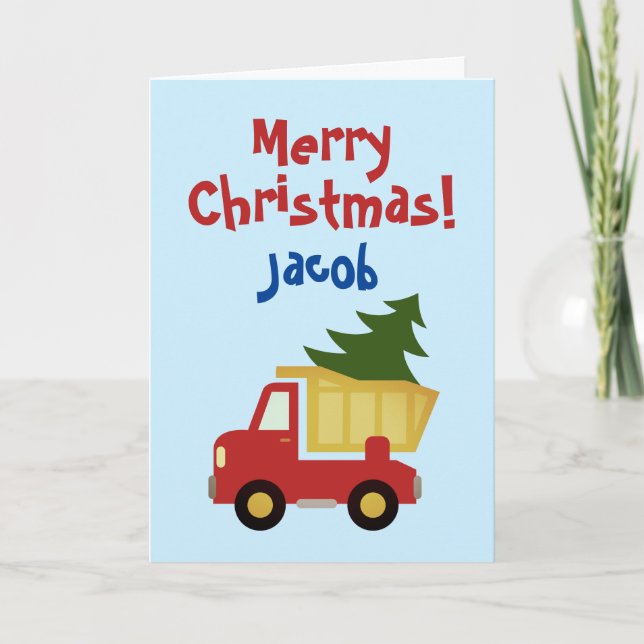 Kid's Christmas card with dump truck and pine tree (Front)