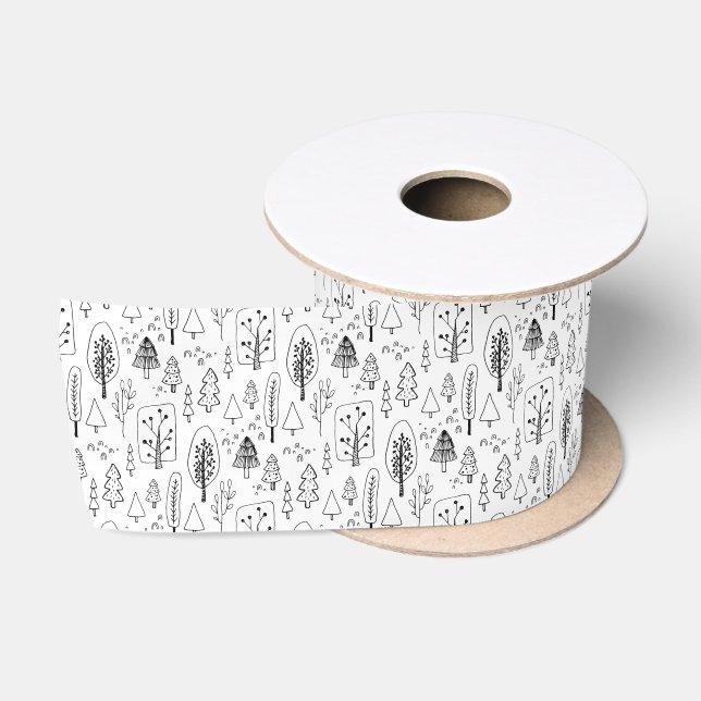 Kids Christmas Cute Black & White Trees Forest Satin Ribbon (Spool)