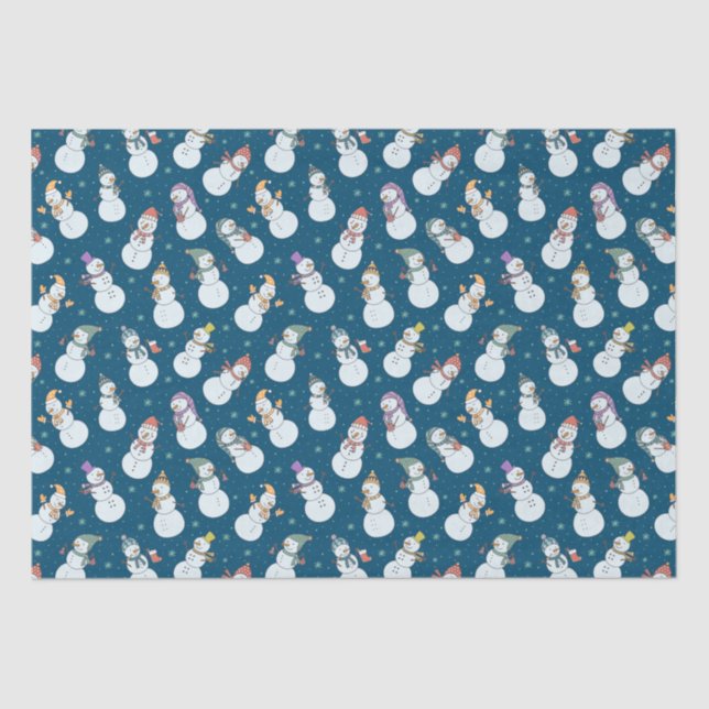 Kids Christmas Cute Snowman in Hats Blue Tissue Paper (Front)