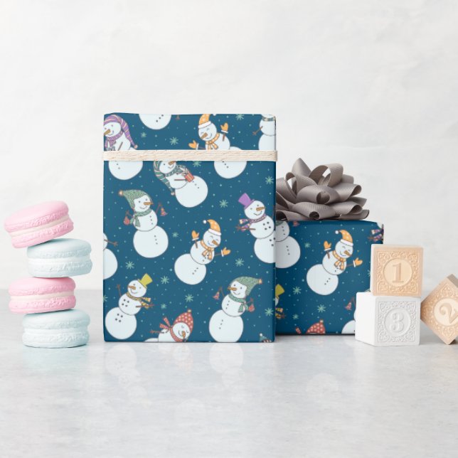 Kids Christmas Cute Snowman in Hats Blue Wrapping Paper (Baby Shower)