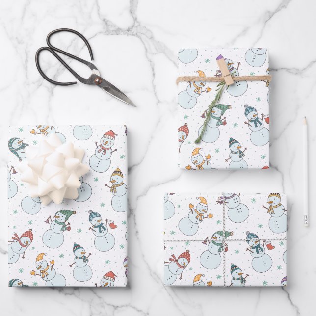 Kids Christmas Cute Snowman in Hats Wrapping Paper Sheet (Front)