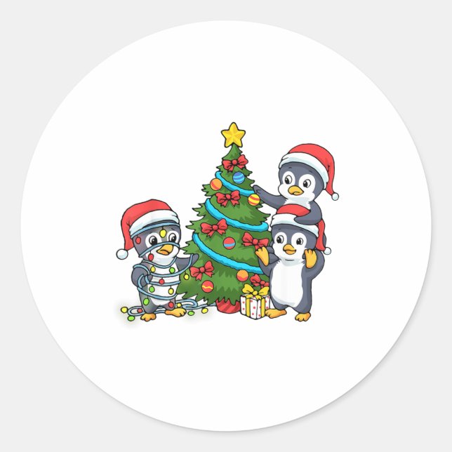 Kids Christmas Penguin Christmas Tree Lights Baubl Classic Round Sticker (Front)