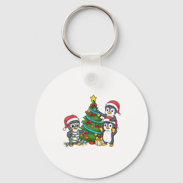 Kids Christmas Penguin Christmas Tree Lights Baubl Keychain (Front)