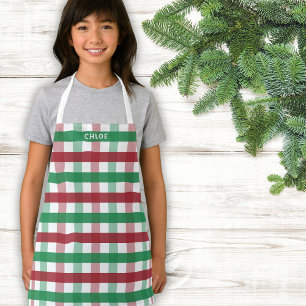 Kids Christmas Red Green Plaid Personalized Name Apron