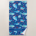 Kids Christmas Shark Narwhal Personalized Beach Towel<br><div class="desc">Kids Shark Narwhal Personalized Under the Sea Beach Towel. Narwhal,  shark,  whale under the sea themed red,  green and blue holiday pattern with peppermints,  candy canes and ornaments.</div>