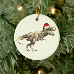 Kids Christmas T-Rex Dinosaur Santa Ceramic Ornament