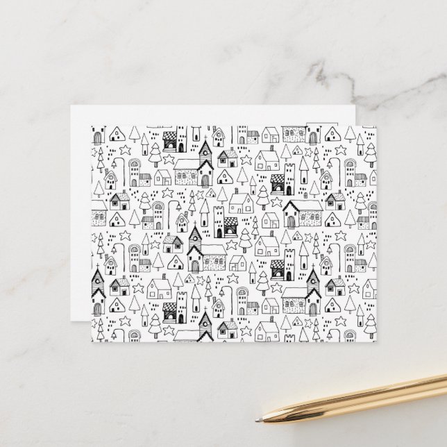 Kids Christmas Village Whimsical Black & White Holiday Postcard (Front/Back In Situ)