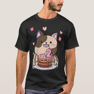 Kids Chubby Cat Holding A Birthday Cake 2nd Year B T-Shirt