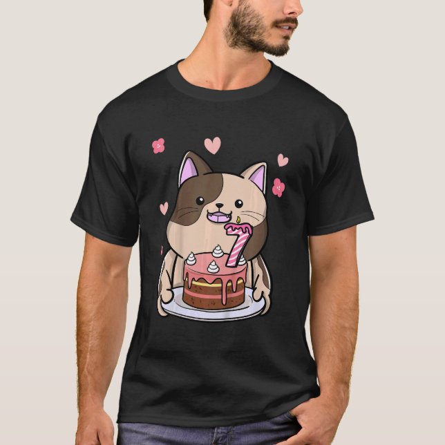 Kids Chubby Cat Holding A Birthday Cake 7th Year B T-Shirt (Front)